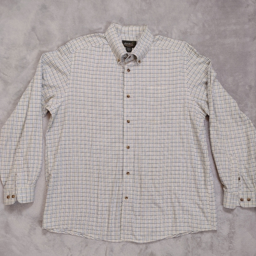 Eddie Bauer White & Green Plaid Men's Brushed Cotton Button Down Shirt Sz XL